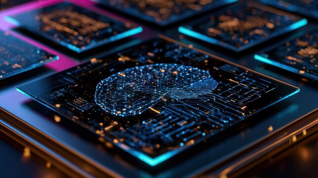 Futuristic digital concept of artificial intelligence with glowing brain neural network on high-tech computer chip circuit board in dark environment