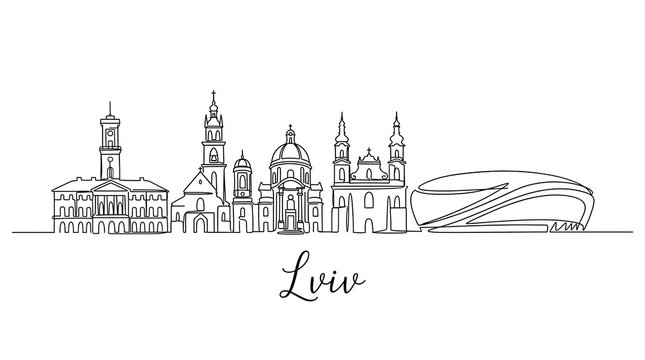 Minimalist line art illustration showcasing a city's diverse architecture with a modern stadium and the word live beneath the
