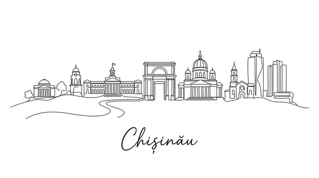 Minimalist Line Art Illustration of Chisinau City Skyline Featuring Historic and Modern Architecture