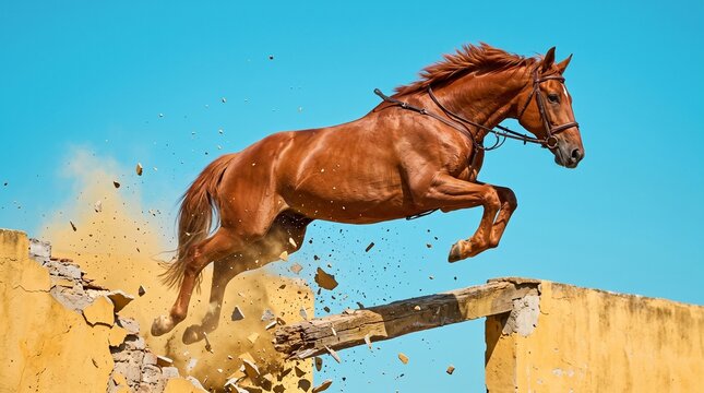 Powerful Horse Leaps Over Obstacle: A majestic brown horse soars over a crumbling wall, demonstrating strength, agility, and determination in a dynamic display of equestrian power.