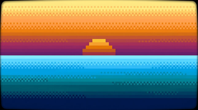 Pixel art sunset over the ocean water