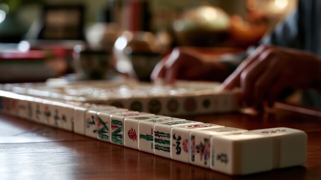 Person organizing a row of traditional mahjong tiles on a polished wooden table during an indoor game session with cups in the background