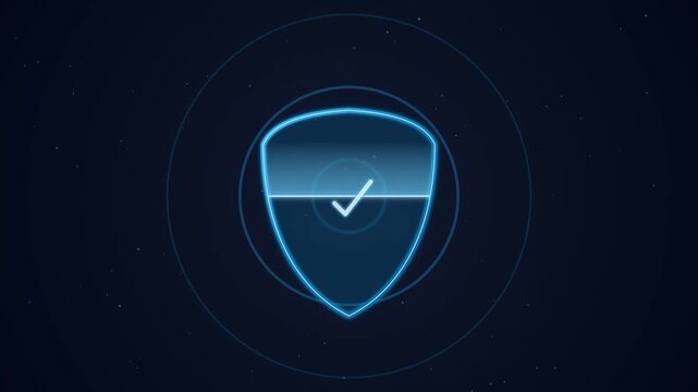Glowing blue cybersecurity shield icon with checkmark symbol looping in motion video footage