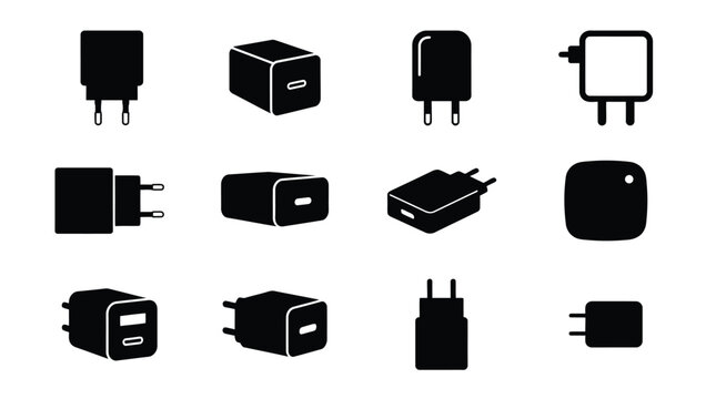 Various types of power adapters and charger icons in simple line art style