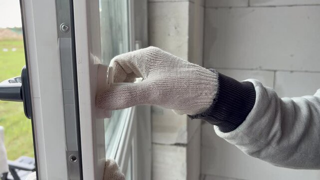 home renovation, window installation. Adjusting and turning the white handle of a modern PVC window