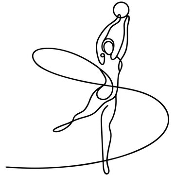 Minimalist line art depicts woman rhythmic gymnast with ball. Agile movement of woman rhythmic gymnast with ball highlights flexibility and grace.