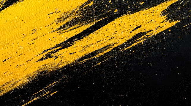 Abstract dynamic yellow paint brush strokes and splatters creating bold artistic texture on a contrasting black background for modern design