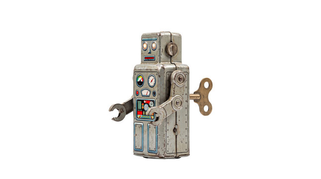 Vintage tin wind-up robot toy, antique metallic mechanical robot figurine, retro silver clockwork tinplate toy for nostalgia concept isolated PNG with Transparent Background