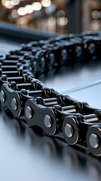 High precision metal roller chain component in industrial setting showcasing mechanical engineering and machinery parts with shallow depth of field and soft bok