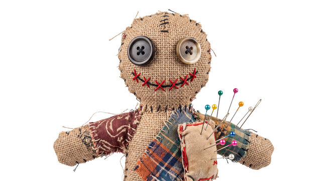 Spooky Voodoo Doll with Sewing Pins and Button Eyes, Handcrafted Burlap Voodoo Doll for Halloween, Occult Magic Prop isolated PNG with Transparent Background