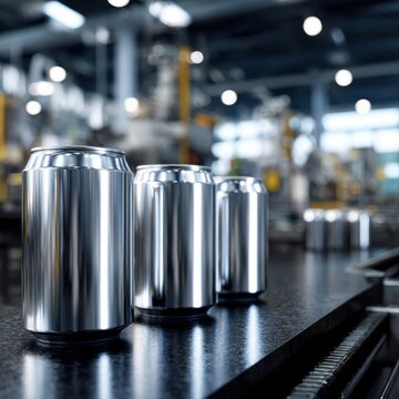Shiny blank metal cans aligned on conveyor belt in modern beverage factory with blurred industrial background and bright lighting effects