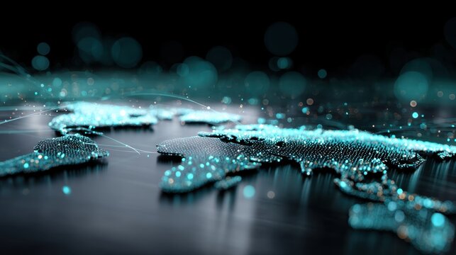 Futuristic glowing network connections spread across a digital world map with vibrant blue dots and lines on dark background illustrating global data flow and connec