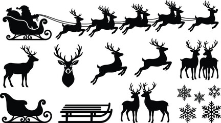 Christmas Reindeer Sleigh Silhouette Collection With Winter Holiday Elements © MD. MASUD R ANA