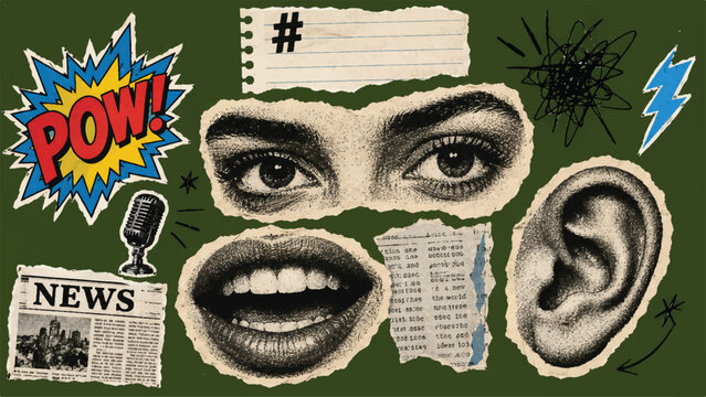 Surreal Vintage Media Collage with Eyes, Mouth, Ear and POW Comic Graphic