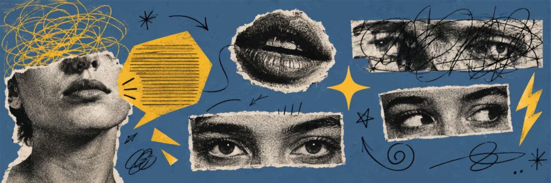 Surreal Megaphone Communication Collage with Brain, Eye, Mouth and Hourglass