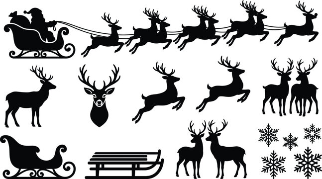 Christmas Reindeer Sleigh Silhouette Collection With Winter Holiday Elements