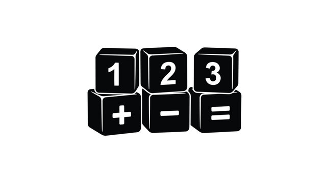 Black silhouette of number cubes displaying mathematical equations on white