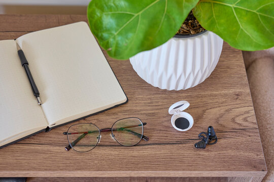 Glasses, notebook, pen and earplugs arranged on wooden bedside table beside potted plant