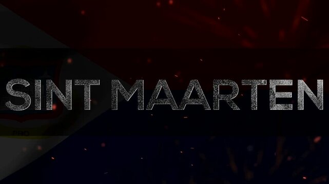 Text overlay of Sint Maarten country name over a stylized national flag background with floating particles