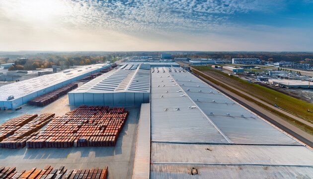 aerial view of industrial warehouse and storage yard an expansive industrial warehouse with a large modern roof sits adjacent to a bustling storage yard filled with pallets of goods