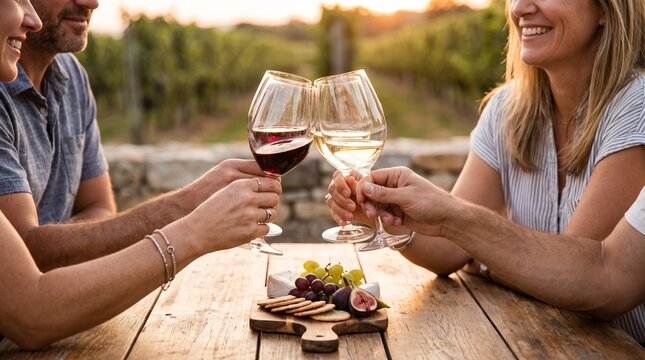 Freunde sto&szlig;en bei einer Weinprobe im Weinberg mit Rot- und Wei&szlig;wein an. Fr&ouml;hliches Beisammensein mit Snacks auf einem Holztisch bei Sonnenuntergang