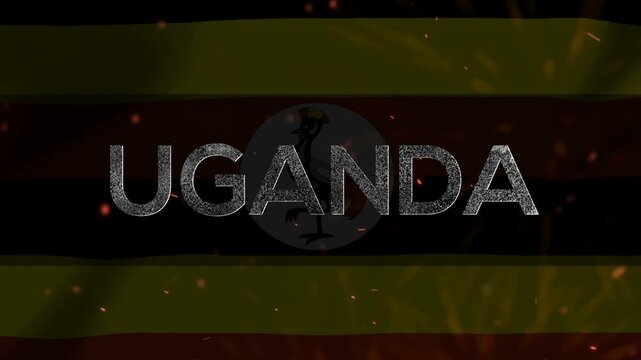 Text sign featuring the word Uganda over a stylized national flag background with golden glowing particles