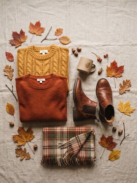 Folded autumn sweaters and leather boots arranged on linen. Surrounded by colorful fall leaves and acorns for seasonal style. Warm apparel and cozy fashion ideas for autumn.
