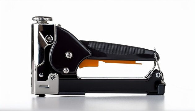 black staple gun isolated on clean white studio surface