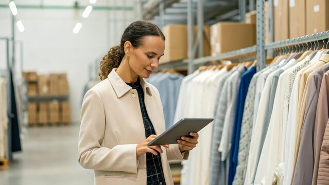 A young mixed-race woman with curly hair stands in a clothing store, using a tablet. She is surrounded by racks of various garments in a well-lit space.
