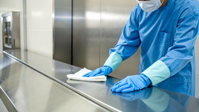 A healthcare worker in blue scrubs and gloves cleans a stainless steel surface in a medical facility. The worker wears a mask for safety and hygiene.