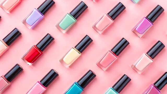 A trendy pattern of nail polish bottles creates an elegant accent on the background. Ideal for advertising decorative cosmetics. Delicate palette and purity of composition.