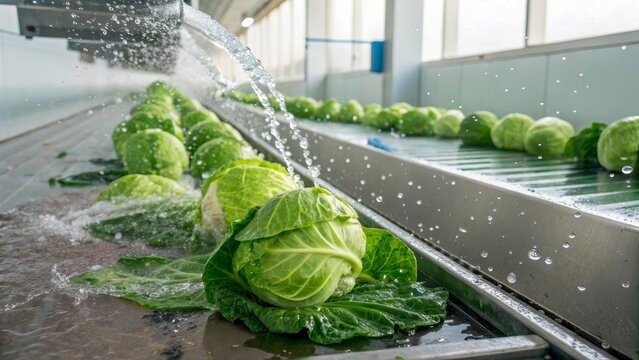 Fresh green cabbage is washed on an industrial line. Drops of water break on the surface of the vegetable. The process of automated cleaning in food production.