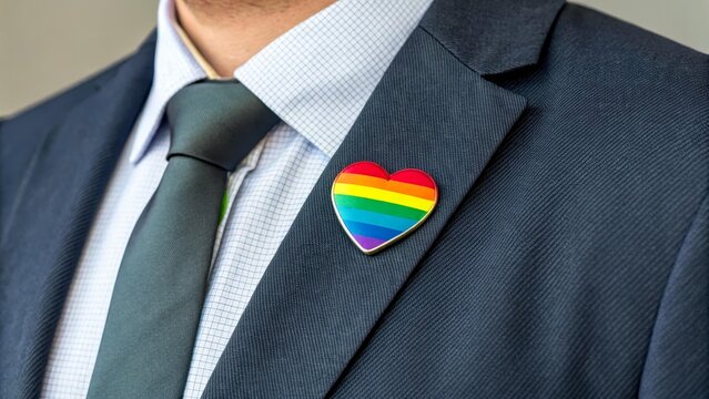 A heart badge with a rainbow LGBT flag on the lapel of a suit. A symbol of support and acceptance. An emblem of equality and human rights.