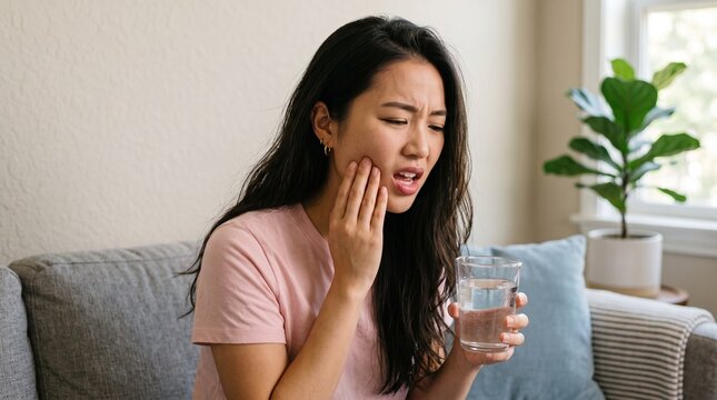 Young Asian woman experiencing intense tooth sensitivity while holding a glass of cold water and touching her painful cheek at home.