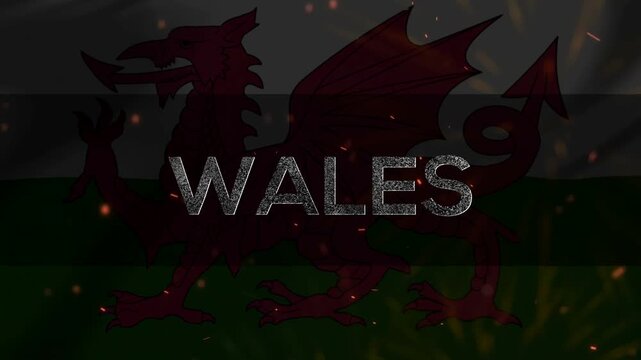 The national flag of wales featuring a red dragon with sparkling light effects and text