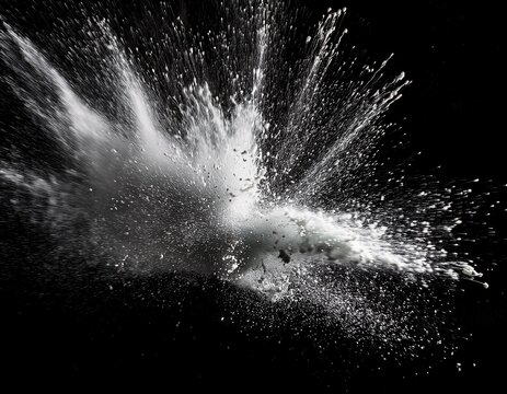 dynamic splash possibly of liquid exploding outwards from a central point the texture is granular with varying densities of white particles against suggesting motion and energy