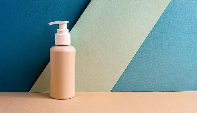 generic unbranded beige cosmetic pump bottle on geometric blue and nude pastel color block background