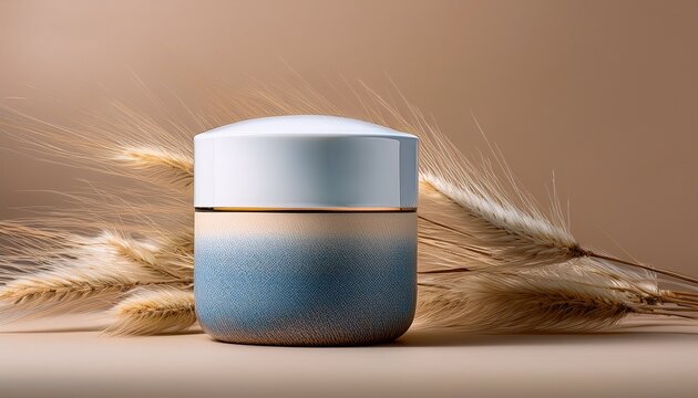 generic unbranded ceramic cosmetic jar in blue nude and white layered design on neutral beige background with dried grass