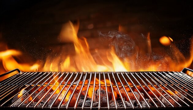 hot barbecue grill grate with glowing coals and sparks empty bbq background