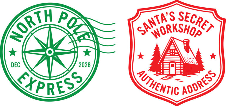 Christmas vector badges of Santa office and delivery 
