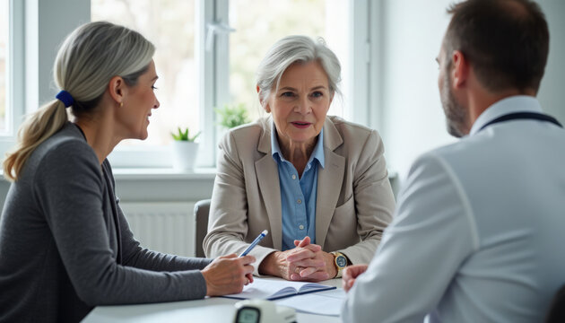 Consultation between doctor and patients regarding health care. Patients discuss medical options with doctor while reviewing documents. Important consultation for health decision-making.