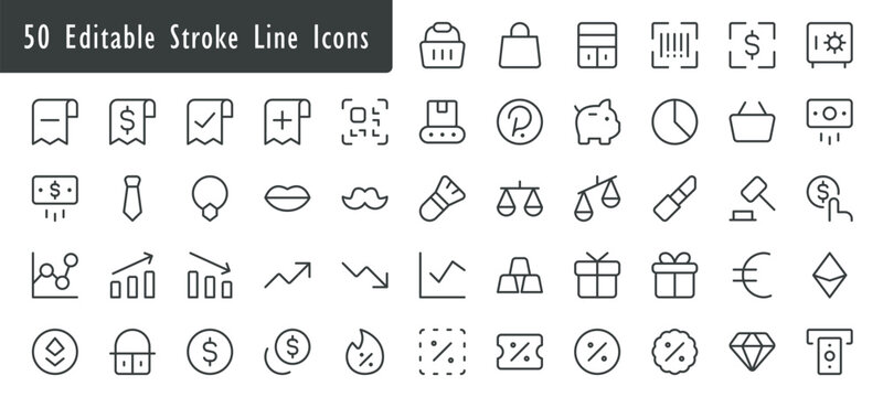 50 editable stroke line icons set, minimal outline e-commerce finance business icon symbols for web app UI design