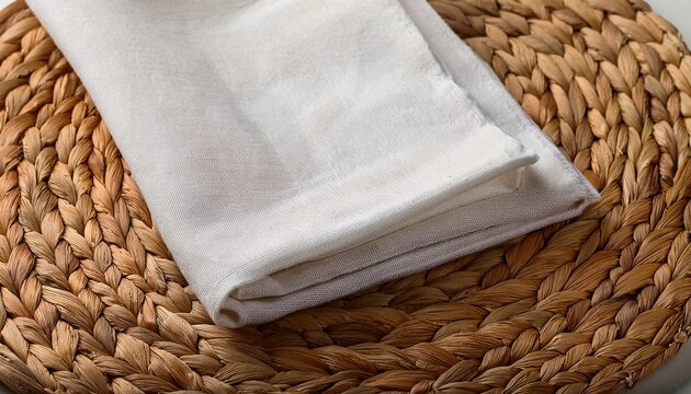 mockup of a folded blank tea towel placed on a woven wicker table mat