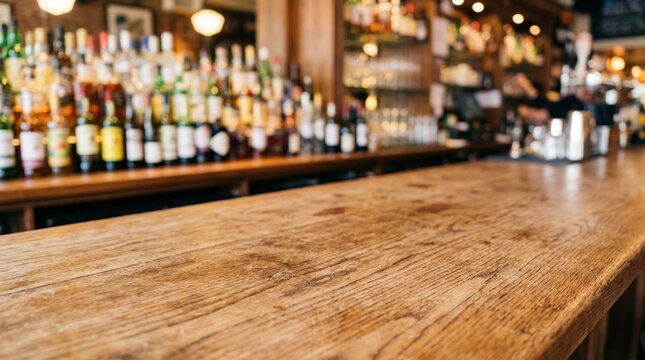Empty wooden bar counter in a pub with bottles and bartender in soft focus. Restaurant and hospitality business. Nightlife, dining and beverage service. Copy space for menu or promotion.