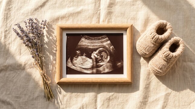 Framed pregnancy ultrasound with knitted baby booties and lavender. Prenatal care and pregnancy concept. Baby announcement and maternity keepsake. Newborn preparation and family