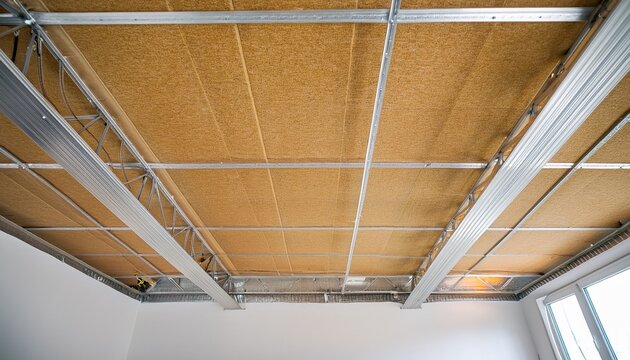 suspended ceiling made of drywall fixed by screws on metal framework with copy space
