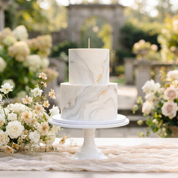 Two tier marble effect wedding cake with wooden stick, displayed on a white pedestal cake stand
