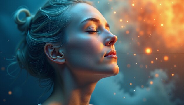 Serene Woman with Closed Eyes and Glowing Particles