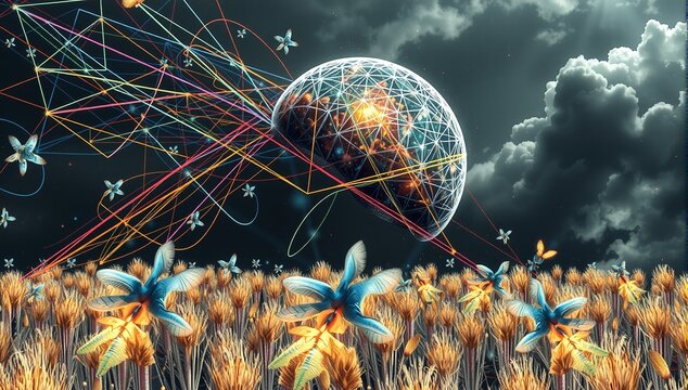 Surreal Geometric Sphere Above Vibrant Fantasy Field