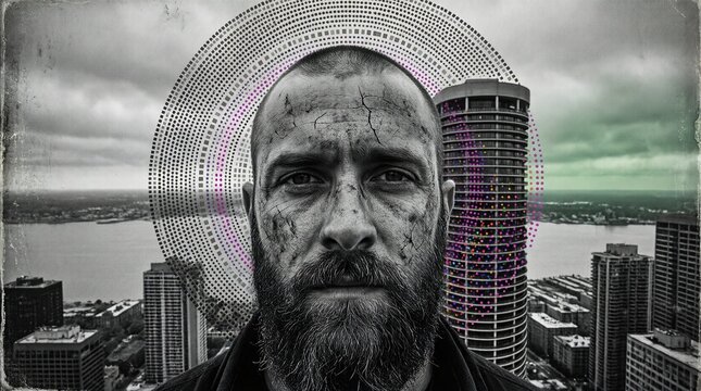 Man with Cracked Face Against Urban Cityscape with Digital Halftone Overlay